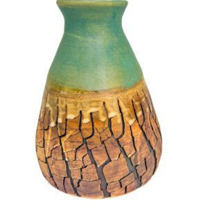 large sculptural ceramic vases with cracked texture and turquoise top. part of the faultline collection by amelia johannsen