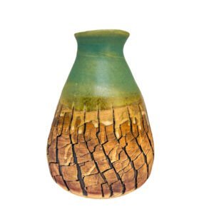 Handmade stoneware vase with copper crackled surface, soft green glaze and sculptural organic form from the Faultline collection.