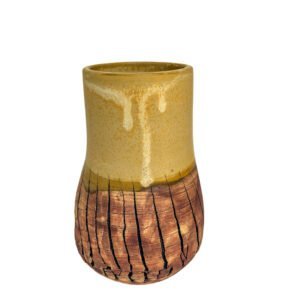 One-of-a-kind handmade stoneware vase with warm cream glaze and iron crackled texture below.