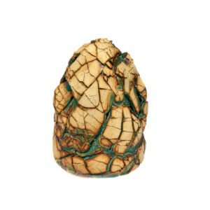 Abstract ceramic sculpture with fractured earth texture and turquoise glaze, a nature inspired ceramic artwork by Amelia Johannsen for wabi sabi interiors and art collections.