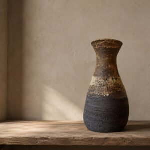 wabi sabi black clay ceramic vase in a minimalist natural home