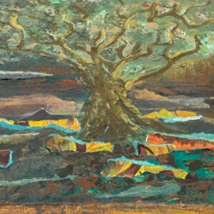 angled detail of mixed media tree painting