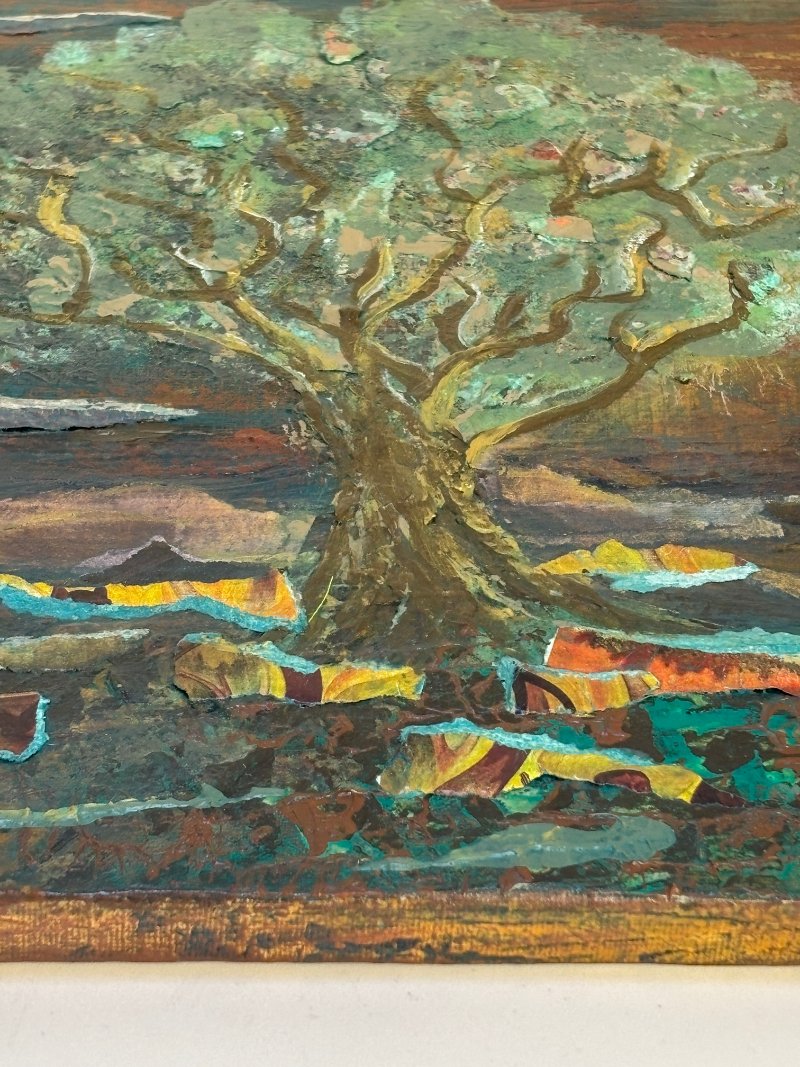 angled detail of mixed media tree painting
