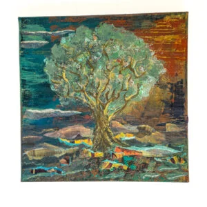 Holding Ground mixed media tree painting with acrylic and paper on canvas in turquoise, rust and earthy tones