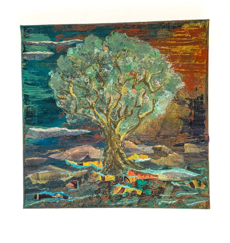 Holding Ground mixed media tree painting with acrylic and paper on canvas in turquoise, rust and earthy tones