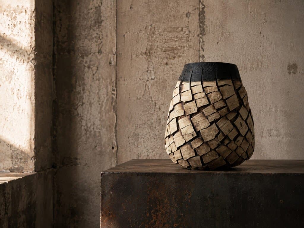 wabi sabi sculptural ceramic vase with a cracked design in an industrial interior