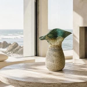 sculptural ocean inspired ceramic vase in a modern beach house interior