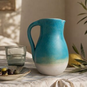Turquoise stoneware pitcher in Mediterranean table setting