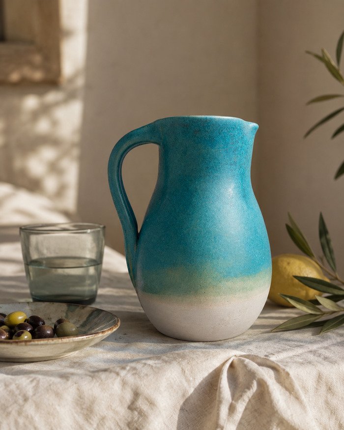 Turquoise stoneware pitcher in Mediterranean table setting