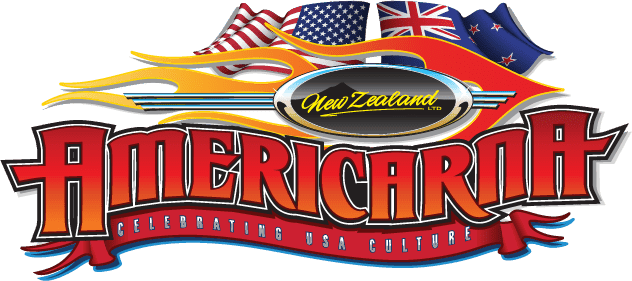 American car show logo with flags and flames; celebrating USA culture and automotive heritage.
