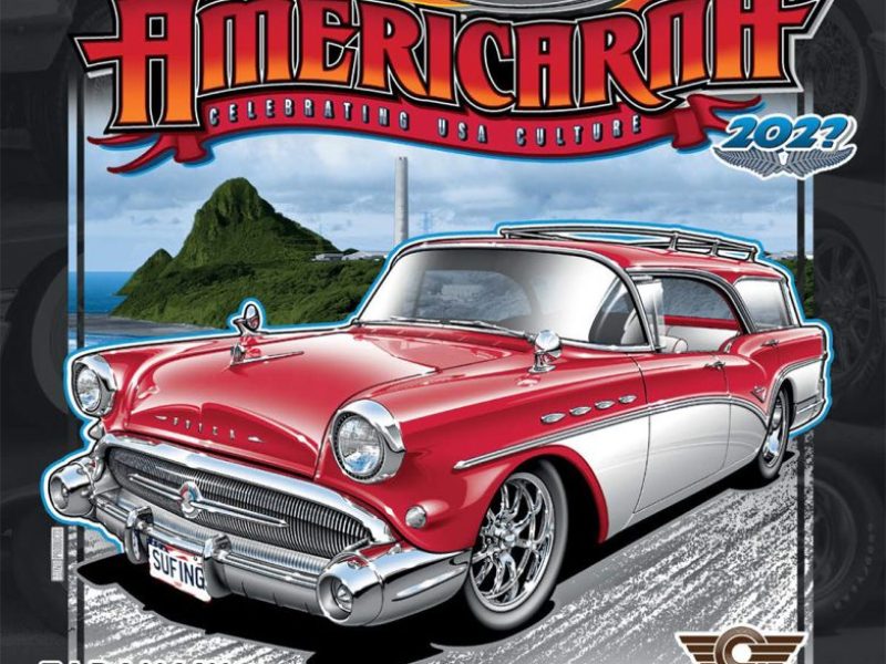 Americarna Programme 2023 Vintage red and white classic American car with New Zealand scenery in the background.