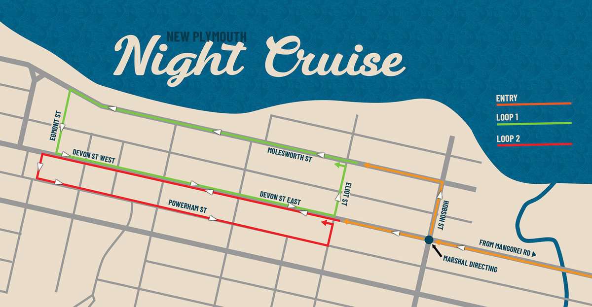 Night Cruise event map at Americarna in New Plymouth, showcasing classic car routes and scheduled parade routes.
