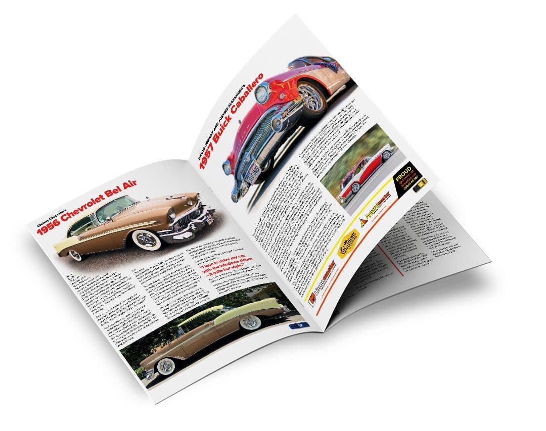 Programme-mockup-white Vintage American muscle cars featured in a car enthusiast magazine.