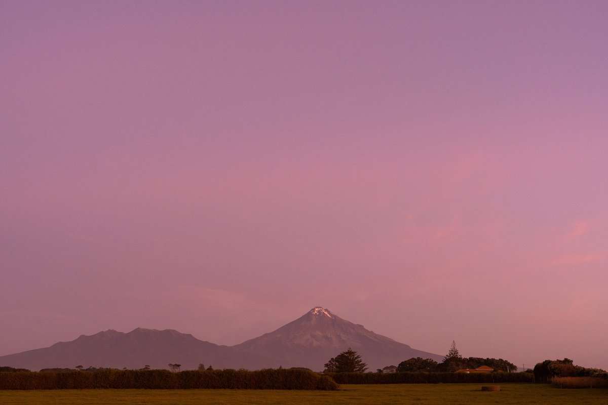 Vivid sunset over volcanic mountain in New Zealand with pink sky and lush green landscape.