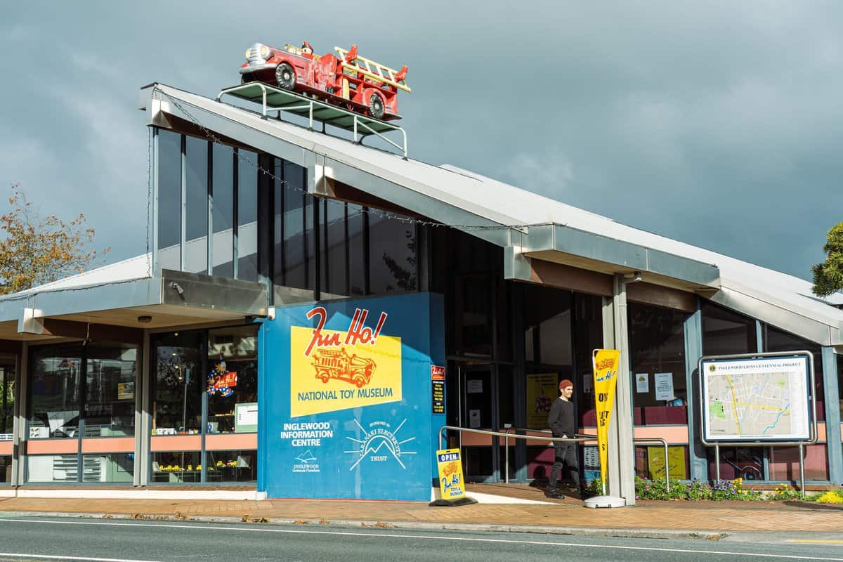 Vintage fire truck model on the roof of the American National Toy Museum in Invercargill, New Zealand.