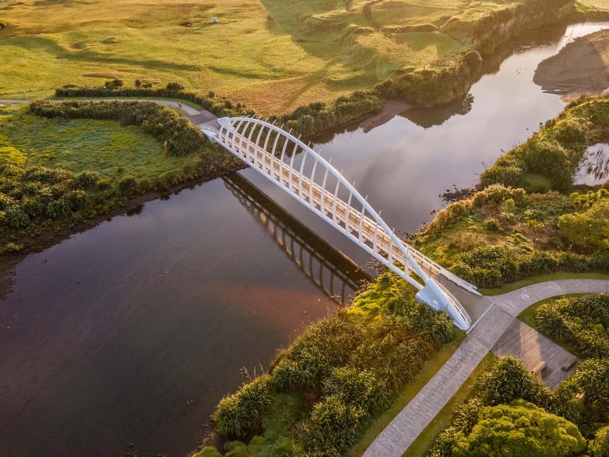 Futuristic white bridge over a river in lush green landscape.
