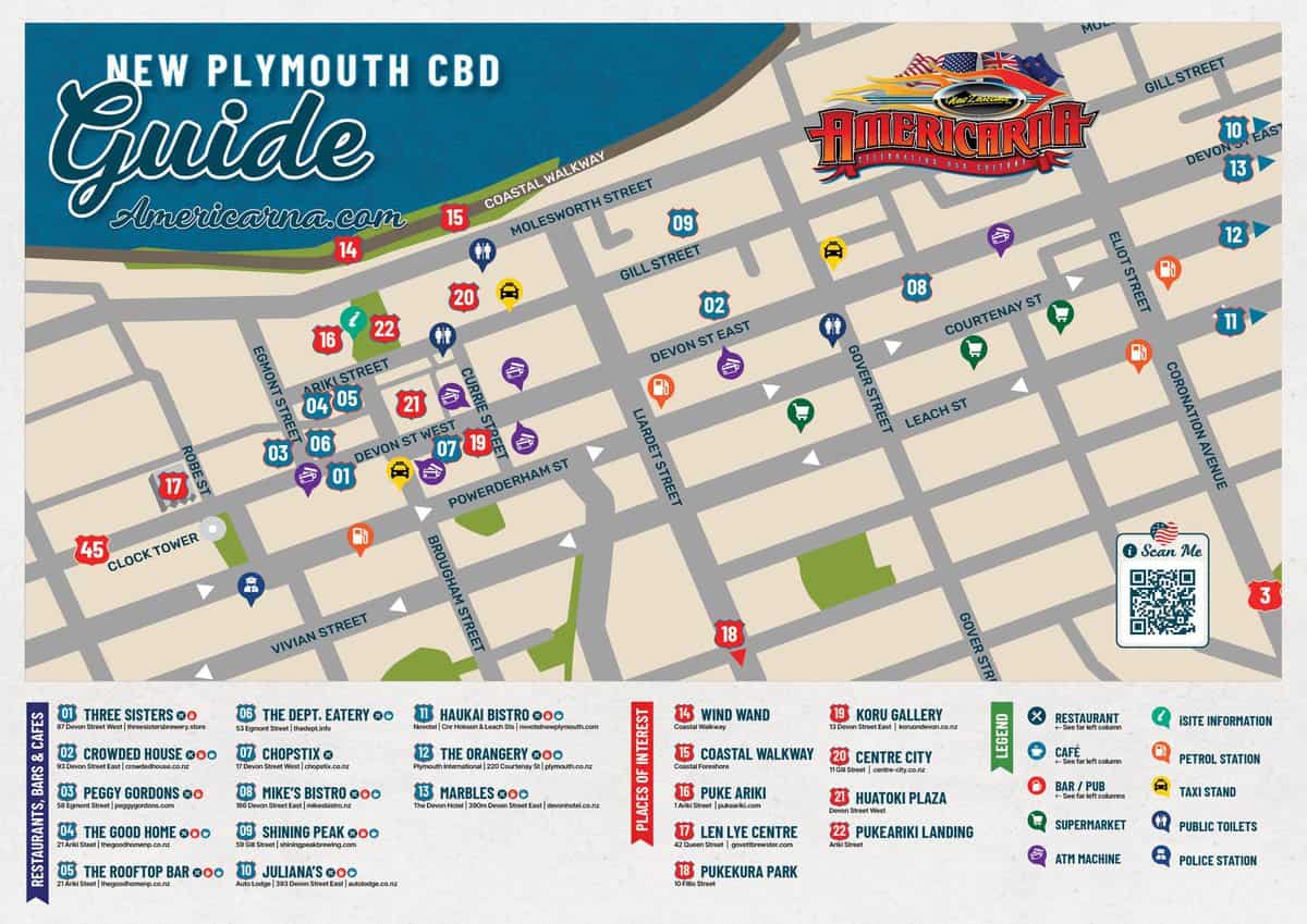 Petrol station map of New Plymouth CBD, featuring Americarna event locations and local amenities in Wellington.