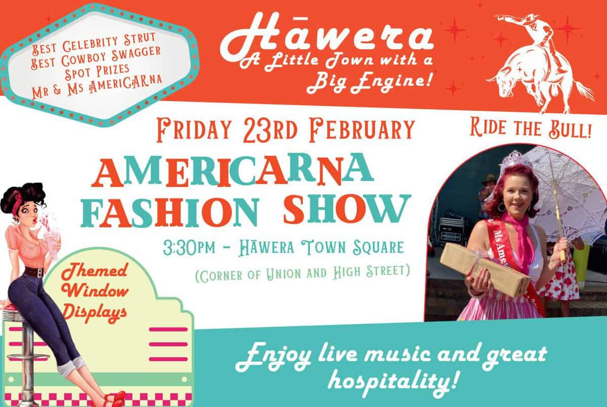 Vintage American car show flyer for Americarna event in Hawera, New Zealand.