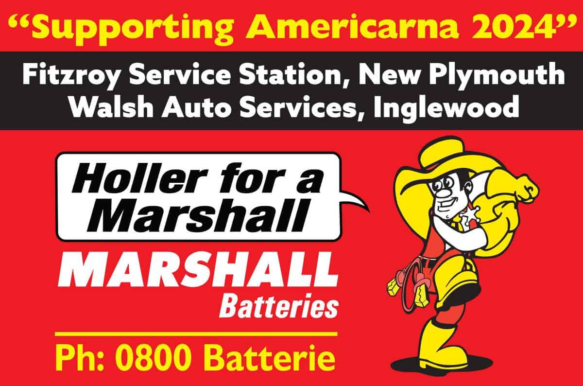 Supporting Americarna 2024 event in New Zealand, featuring Marshall Batteries and auto services.