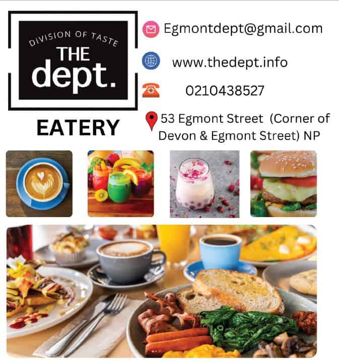 Coffee art latte NZ, colourful smoothies and tasty burger at Egmont Street Eatery in NP.