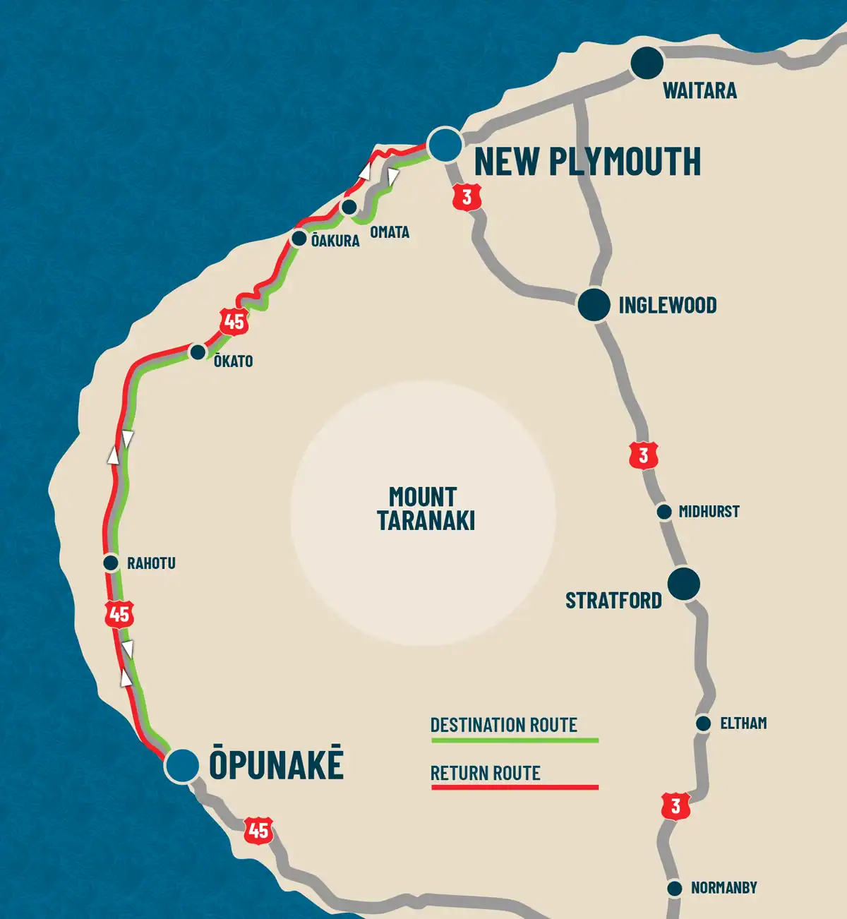 Scenic map of the Americarna classic car event route around Mount Taranaki, New Zealand.