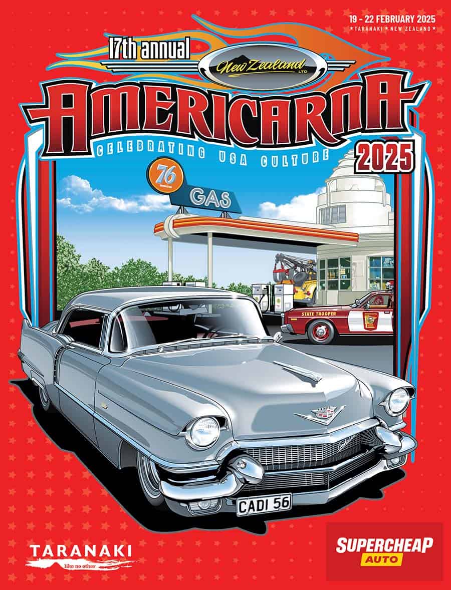 Vintage American car at petrol station with fire truck in background, celebrating USA culture at Americarna 2025.