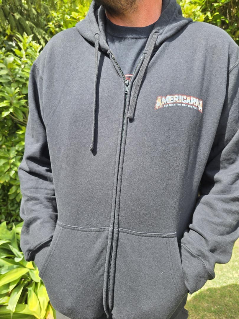 Americarna hoodie with USA culture logo, casual outdoor wear, black zip-up hoodie for fans.