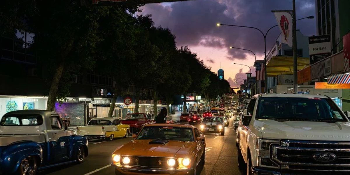 Vintage cars on display at Americarna festival in Taranaki, New Zealand, celebrating classic American automotive heritage.