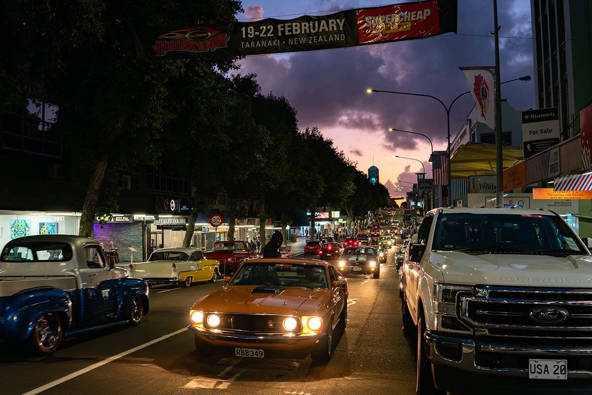 Vintage cars on display at Americarna festival in Taranaki, New Zealand, celebrating classic American automotive heritage.
