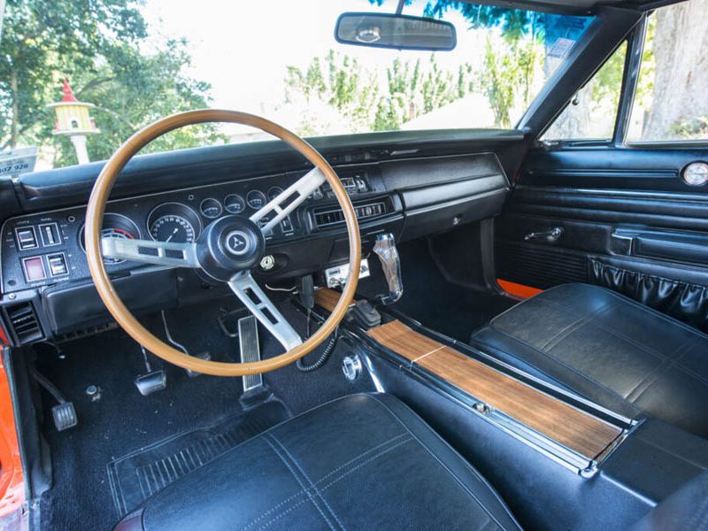Vintage car dashboard and steering wheel, classic American car interior NZ.