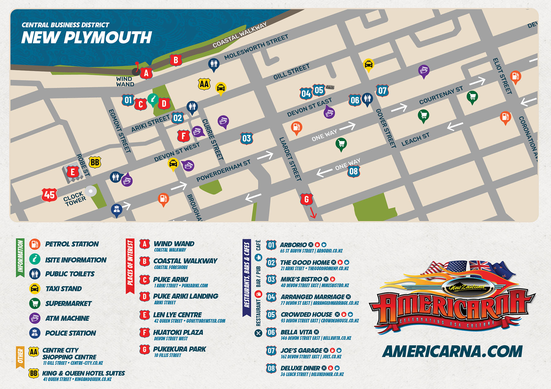 Iconic American cars displayed at Americarna event, New Plymouth's premier classic car festival with entertainment and culture.