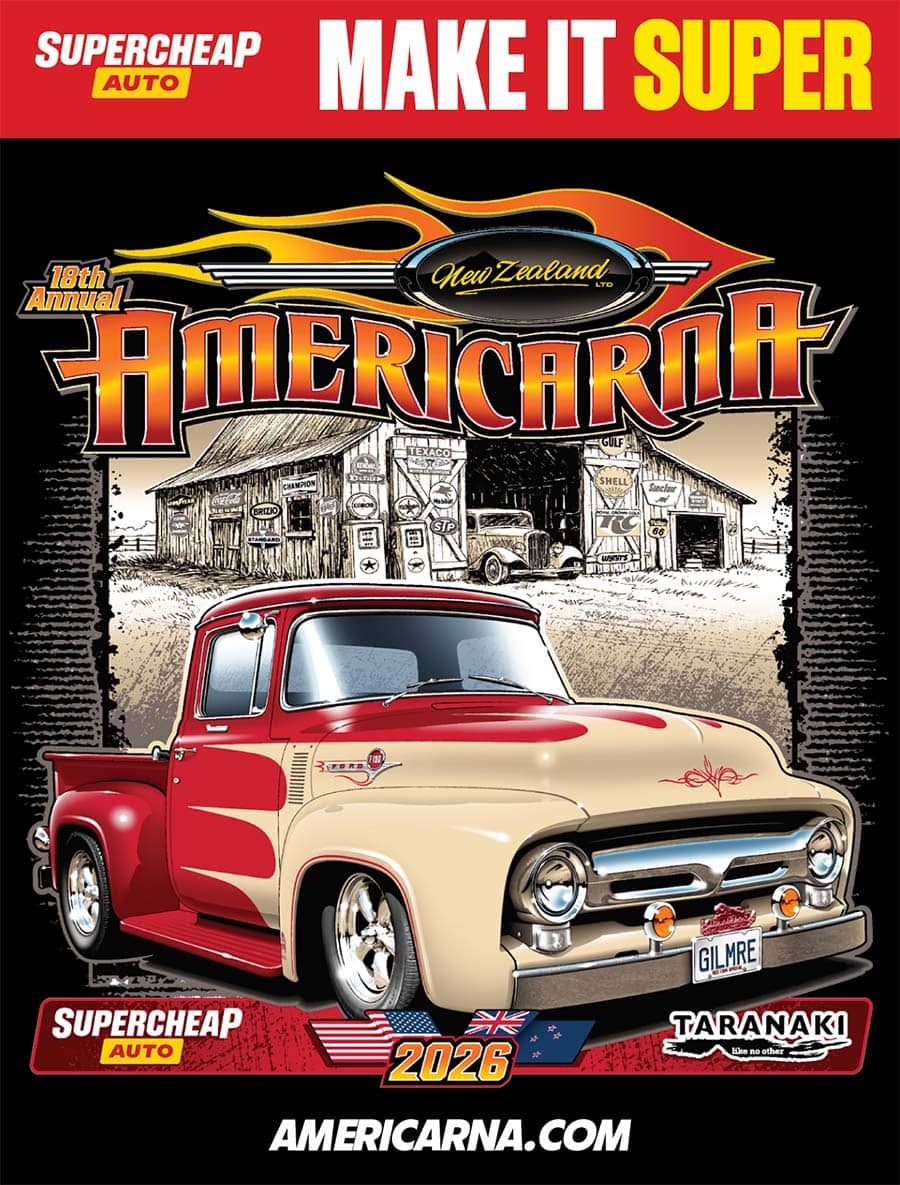 Classic 1950s red and cream American truck at Americarna event in Taranaki NZ.