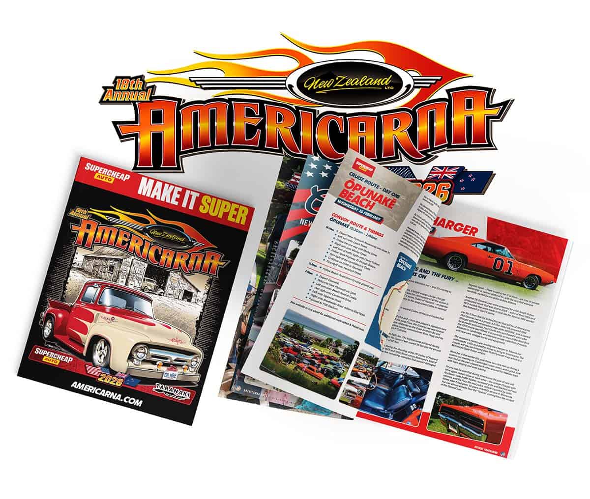 Vintage and modern American cars showcased at AmericaCar event brochure.