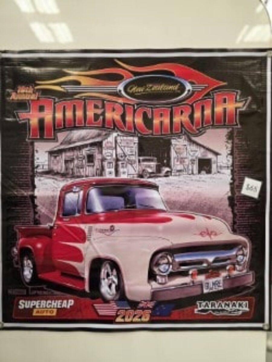 Americarna 2023 vintage car event poster, featuring a classic red and white hot rod vehicle.
