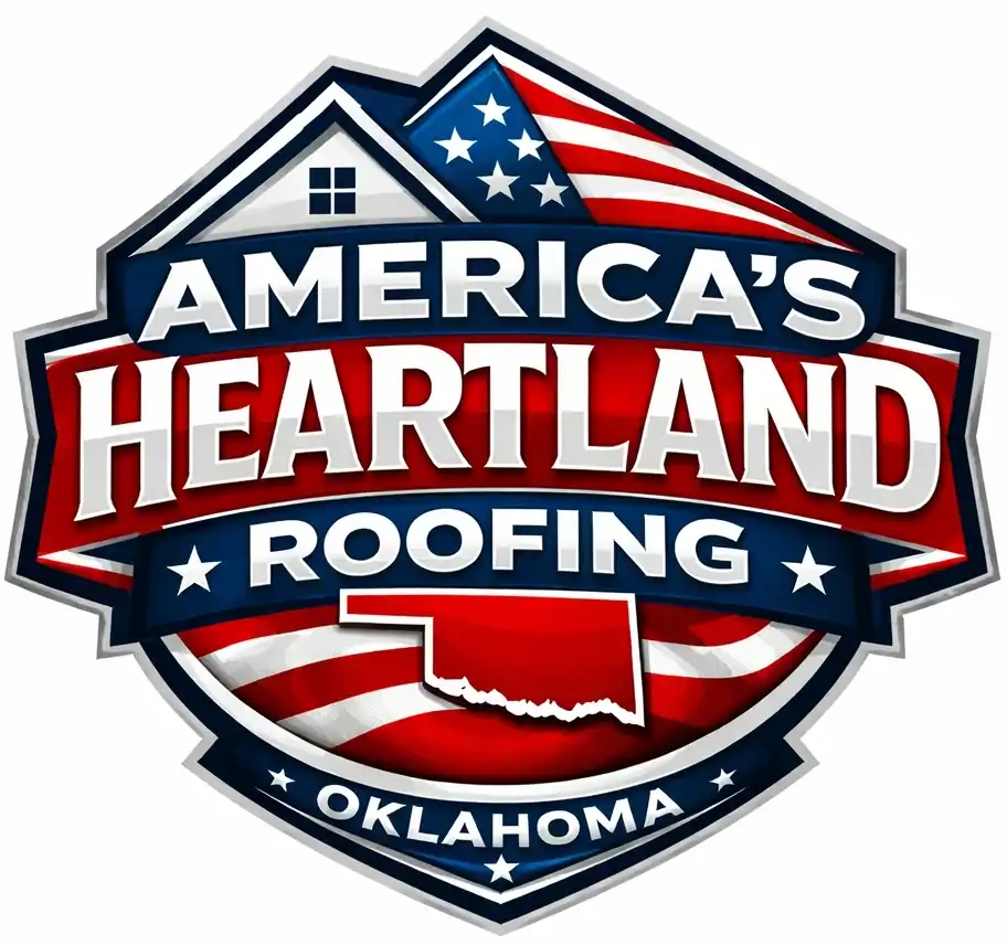 Logo of America's Heartland Roofing with Oklahoma map and American flag design.