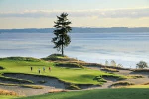 Golfers on a scenic coastal course