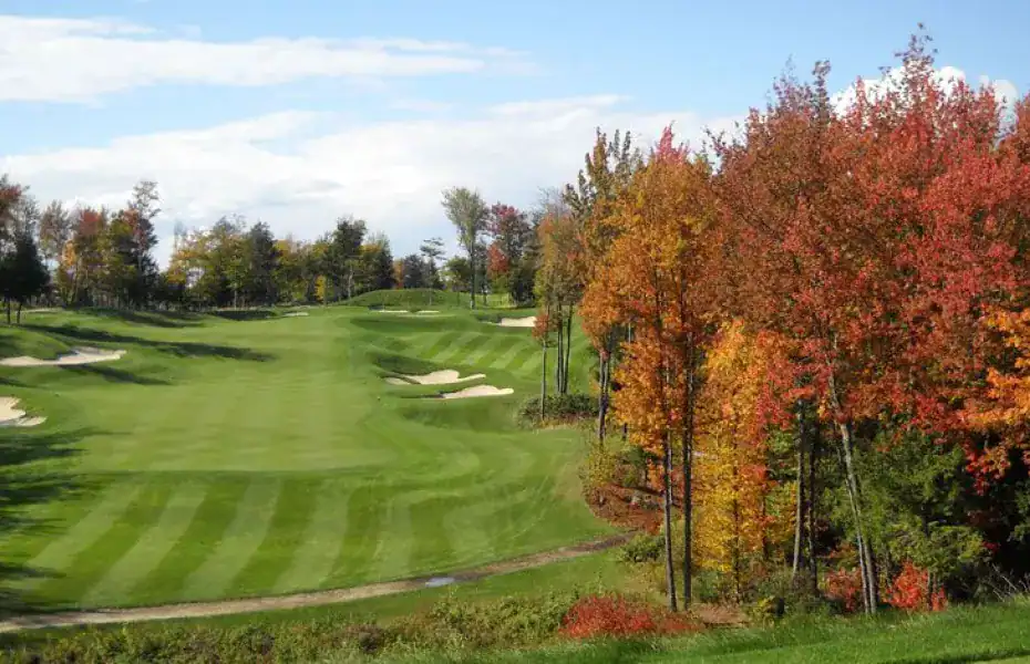 Lush golf course with autumn foliage.