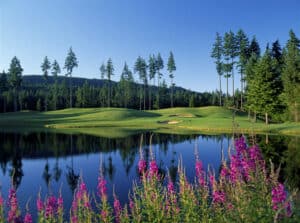 Lush golf course with serene lake