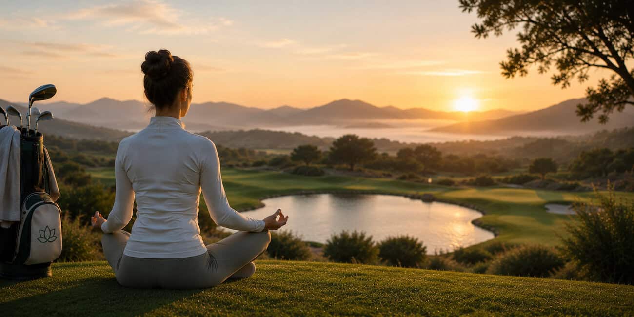Woman practicing yoga outdoors at sunset overlooking a golf course and lake.
