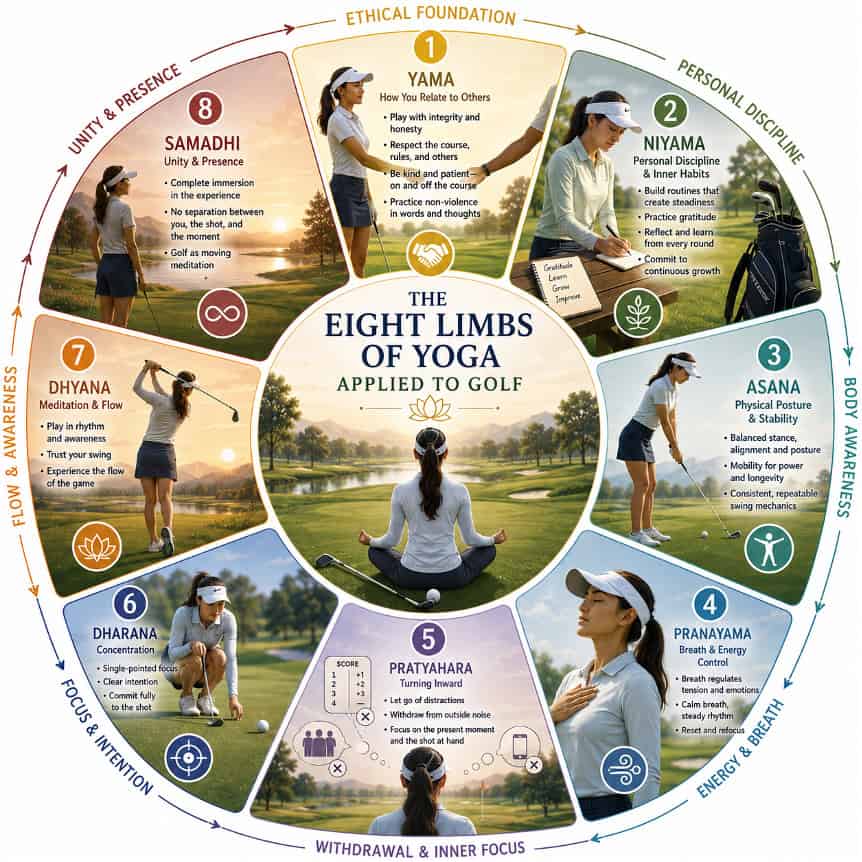 Woman practicing yoga on a golf course during sunset, promoting mindfulness and focus.