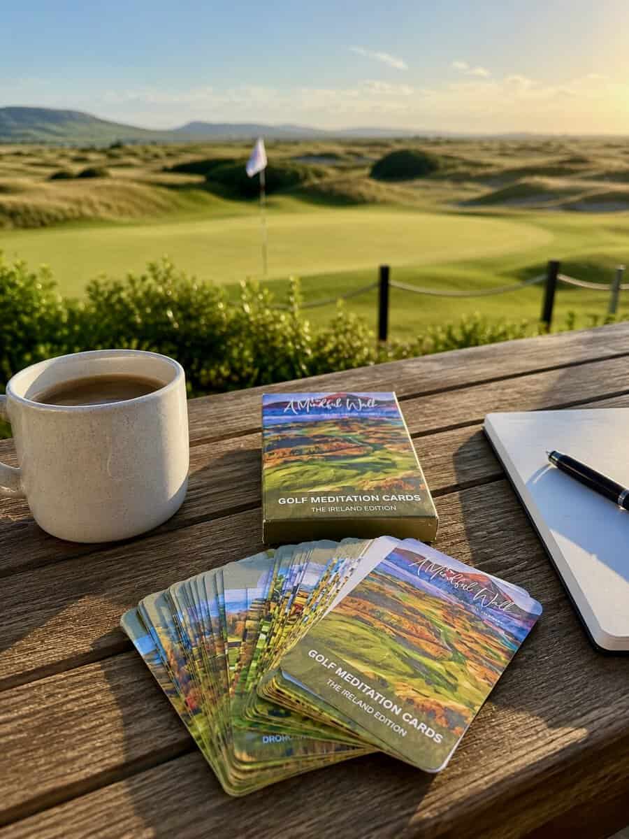 Golf meditation cards on a wooden table overlooking a golf course at sunset.