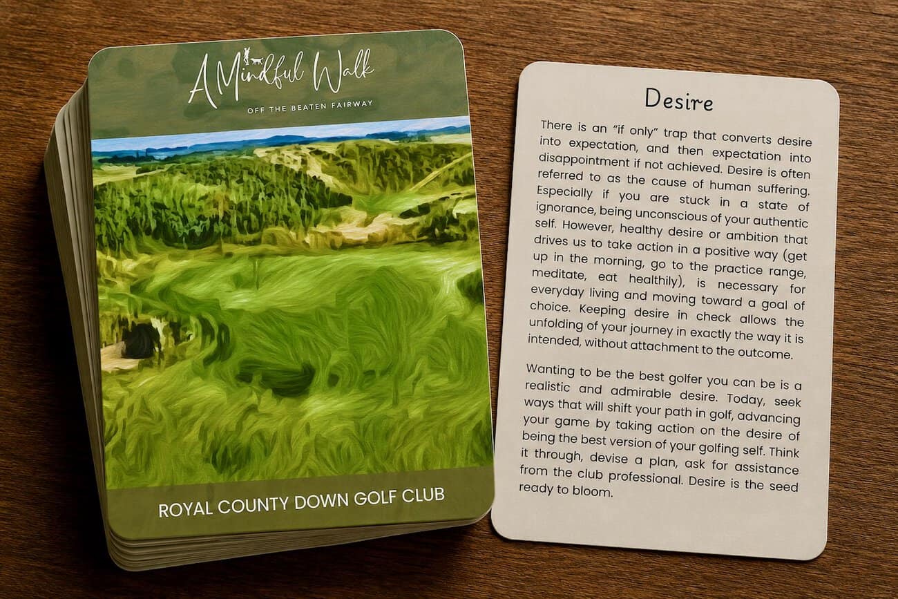 Golf meditation cards set with a scenic Irish golf course image and a reflective card about desire.