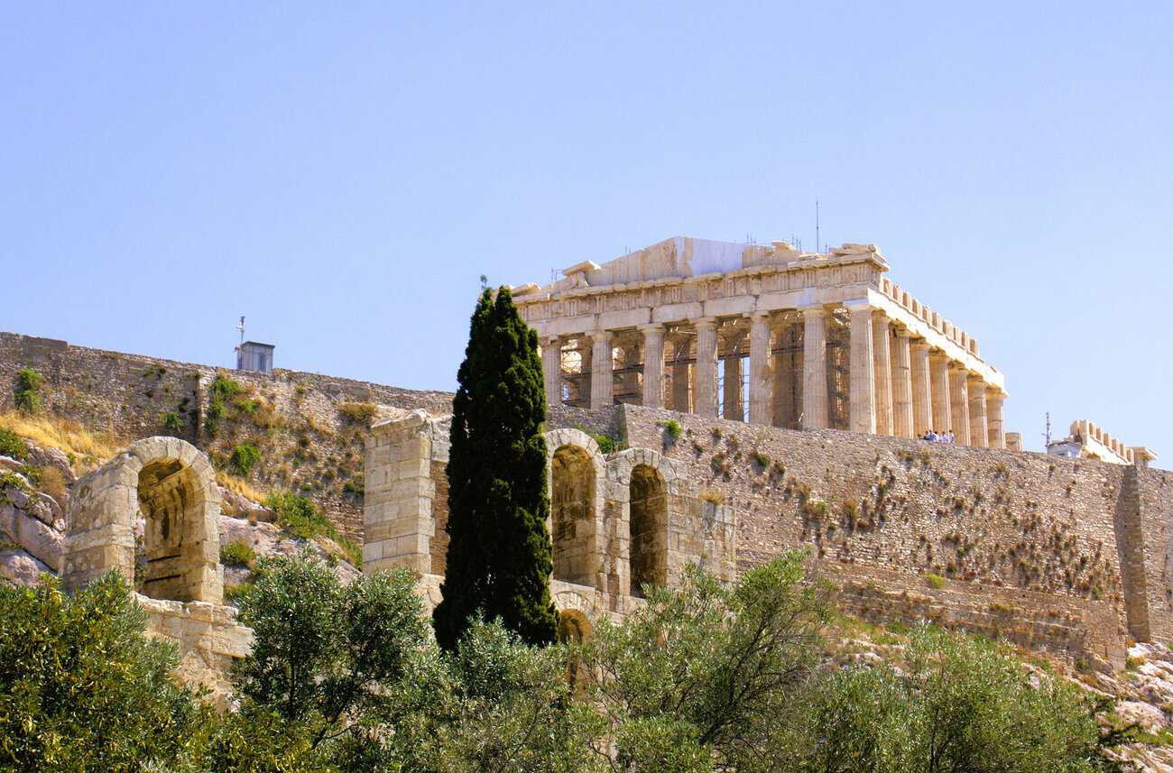View of the historic Parthenon temple on the Acropolis in Athens, Greece.