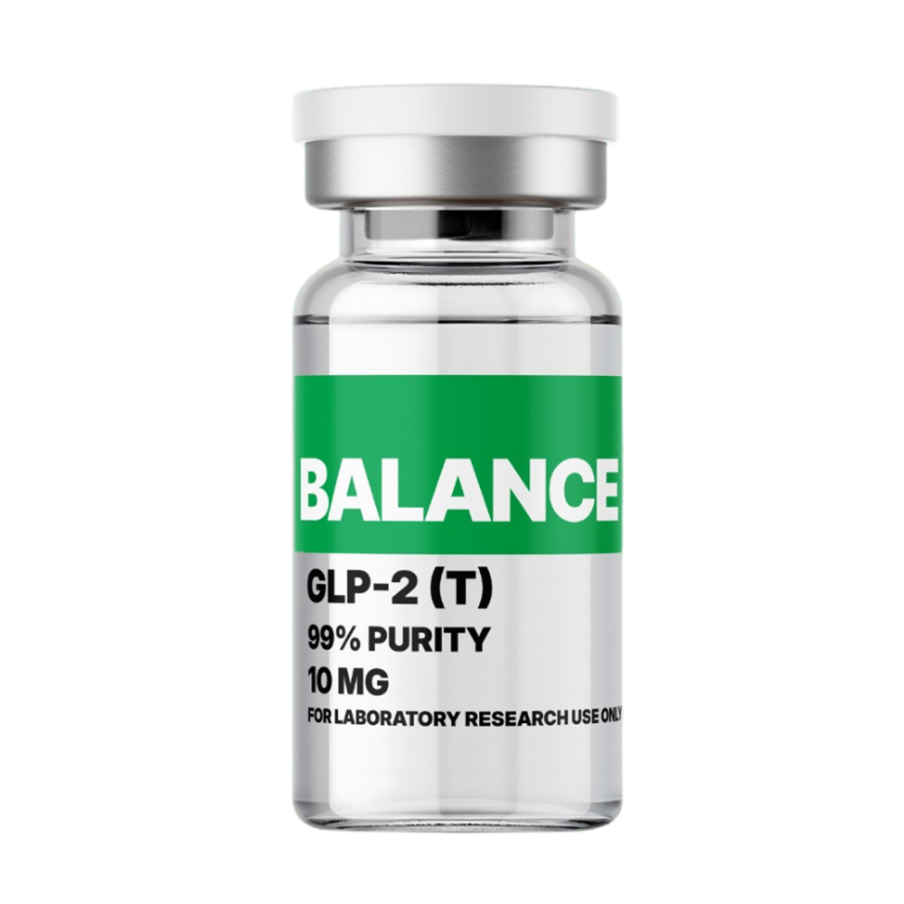 A clear glass vial labeled Balance GLP-2 (T) with 99% purity, 10 mg, designed for laboratory research use only, featuring a green and white label.