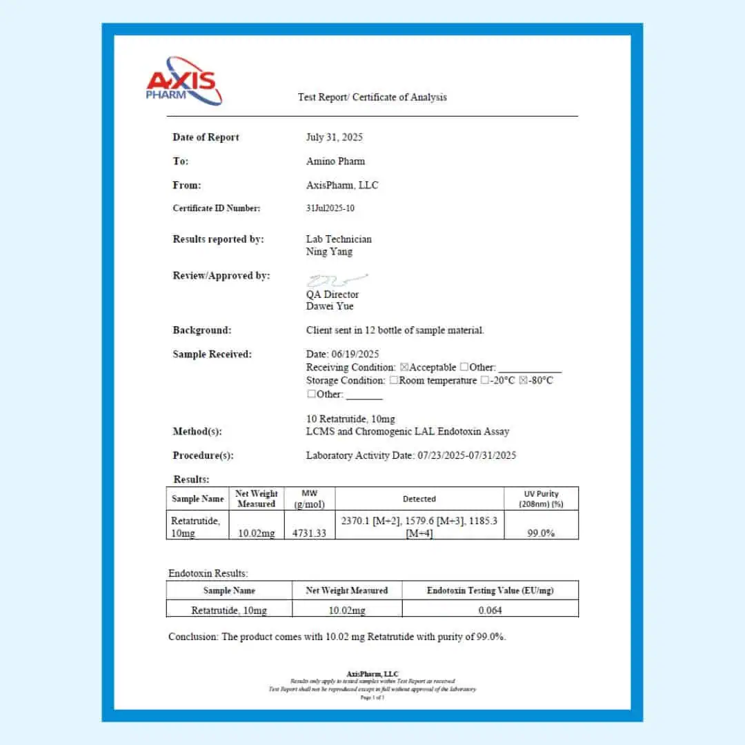 Lab test report for amino acids supplement from Amino Pharm, showing Retatrutide purity and endotoxin testing results, emphasizing quality control and pharmaceutical standards.