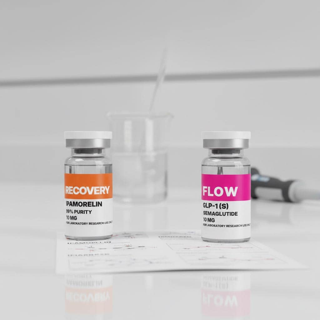 Vials of Recovery Ampoule with Purified Pamorelin and Flow Semaglutide for health boosts, featuring high purity and dosage for research or therapeutic use.