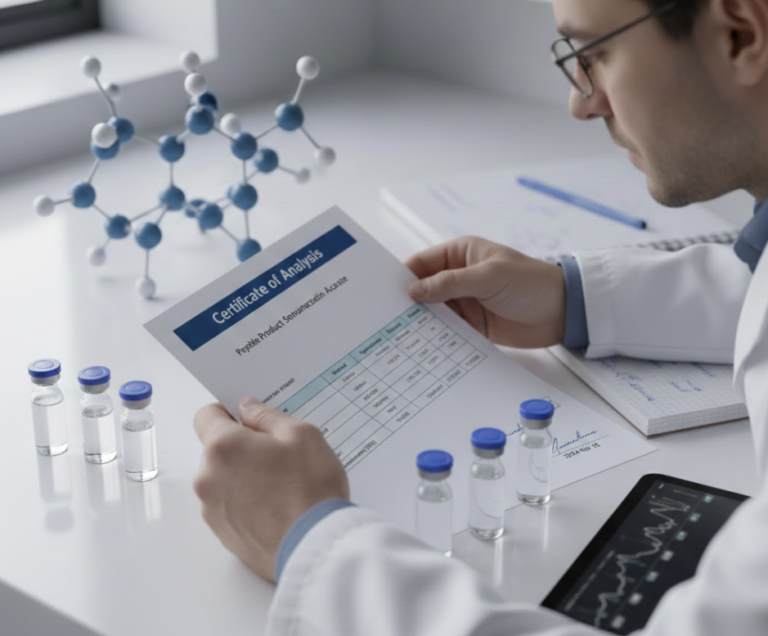 A researcher looking at a peptide certificate of analysis