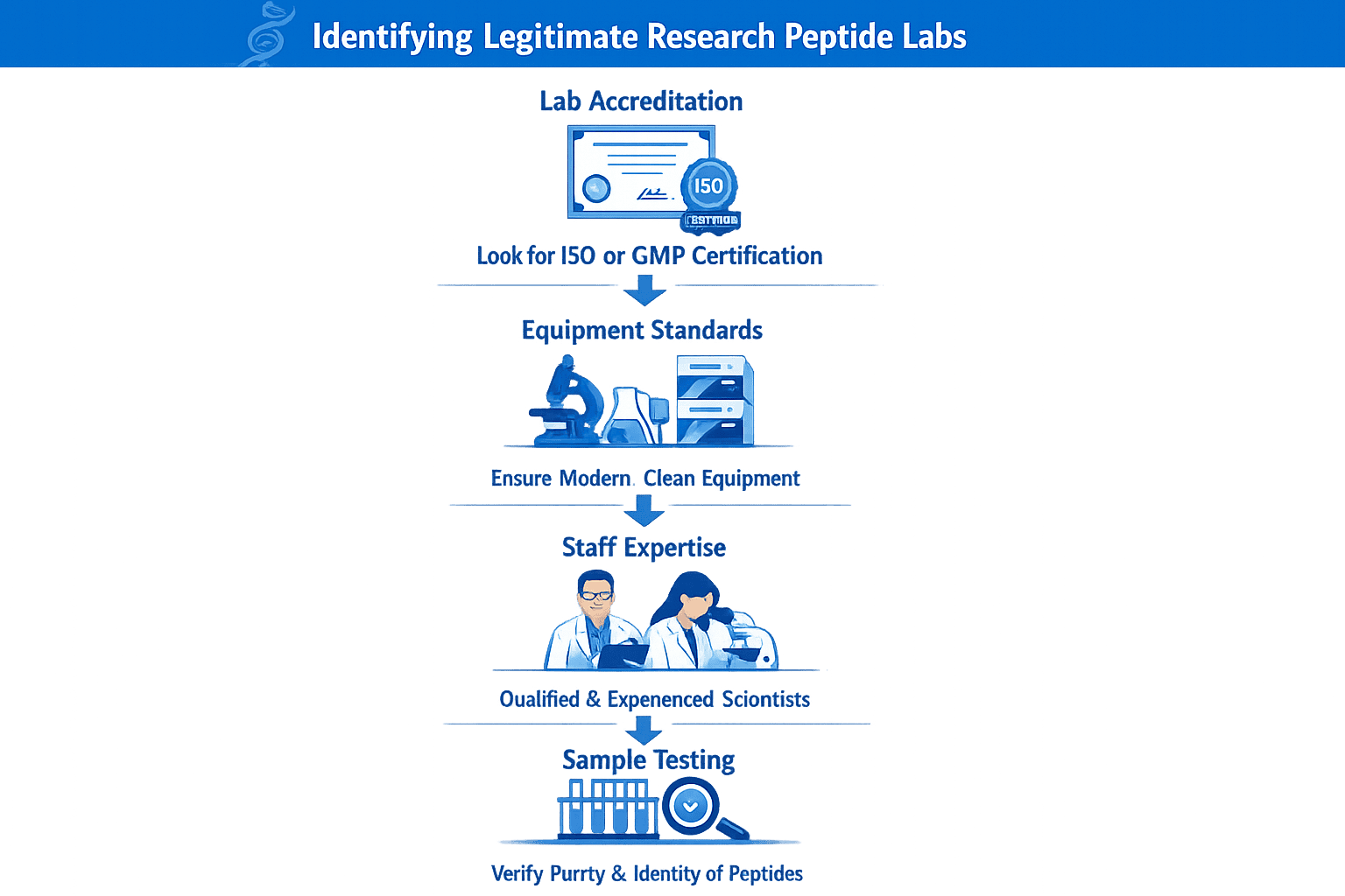 Infographic outlining steps to identify research peptides legit labs with certifications and quality checks