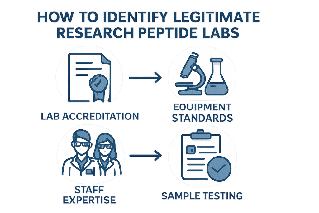 Illustration showing steps to identify legitimate research peptide labs, including lab accreditation, equipment standards, staff expertise, and sample testing.
