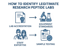 Illustration showing steps to identify legitimate research peptide labs, including lab accreditation, equipment standards, staff expertise, and sample testing.